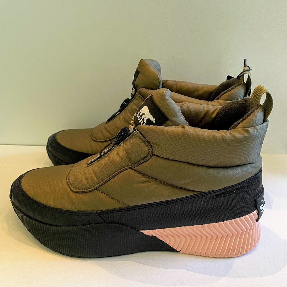 Sorel Out N About Puffy Zip Winter Waterproof Boots Sage and Peachy Pink